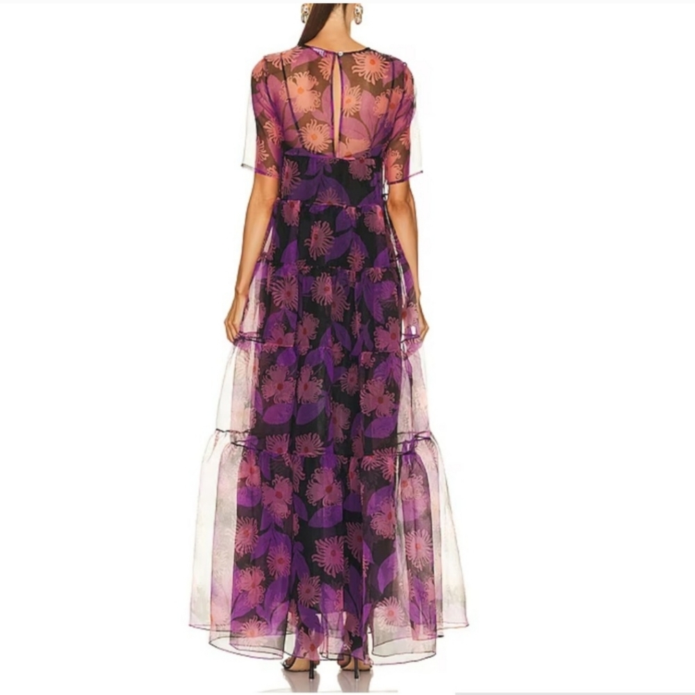 Staud Hyacinth Crepe Organza Tiered Maxi Dress in Quartz Acid Floral - Picture 3 of 12